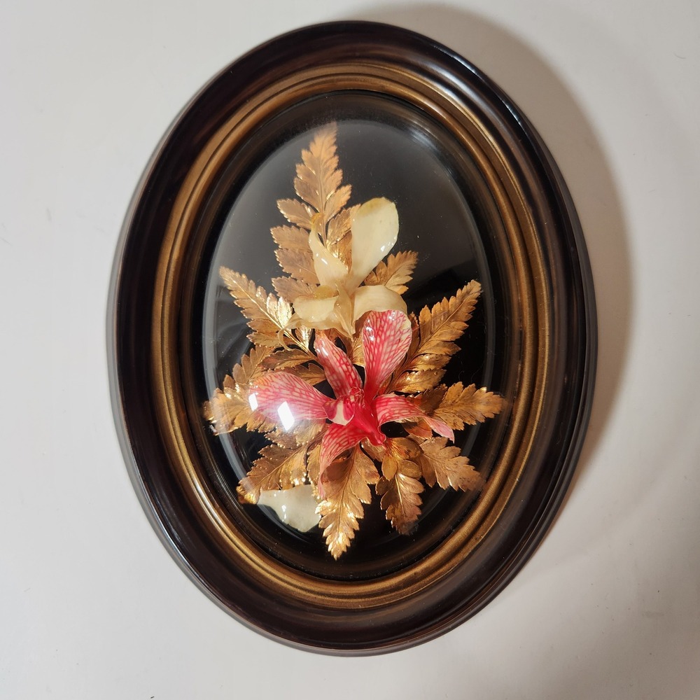 Vintage Hawaiian Gift Products 24K Gold Preserved Orchid Fern Shadow Box Frame